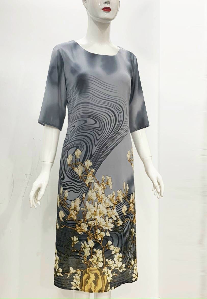 Đầm Suông Cổ Tròn In Hoa Trắng - DS18